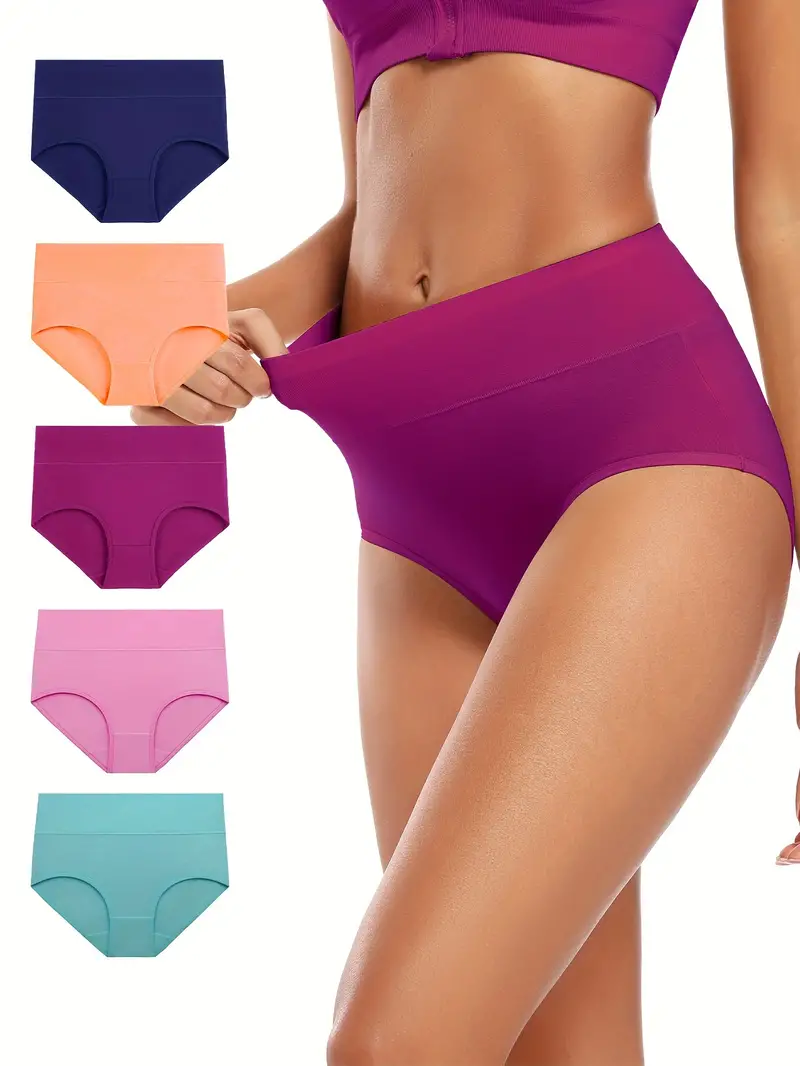 5pcs Women's Simple Panties Set, Plus Size Solid Elastic Waistband  Double-layered Crotch Briefs