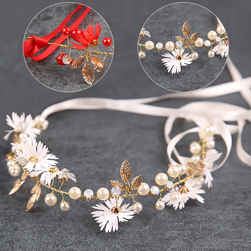 Super Fairy Headbands Pearls Flower Hairbands Korean Fashion Rhinestone  Leaf Headdress Ribbon Bride Wedding Hair Jewelry