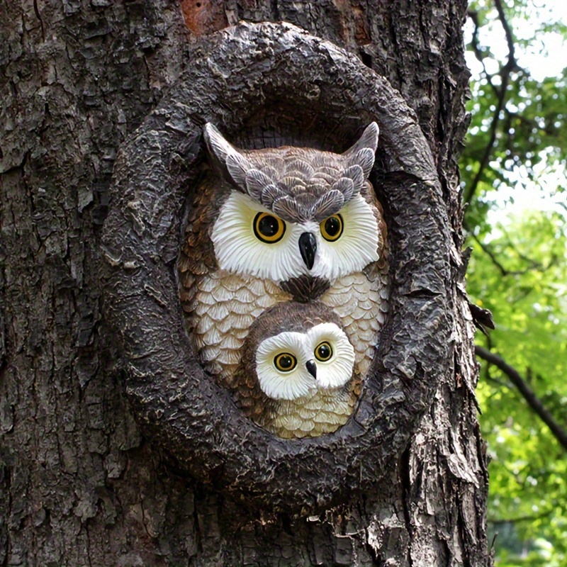 Owls Tree Hole Statue Outdoor Wall Art Patio Fence - Temu