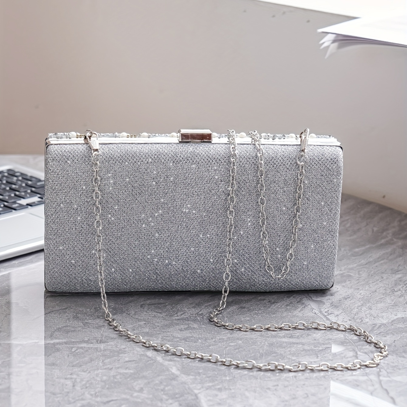 Silver Pearl Rhinestones Evening Clutch Bag Wedding Chain Handbags