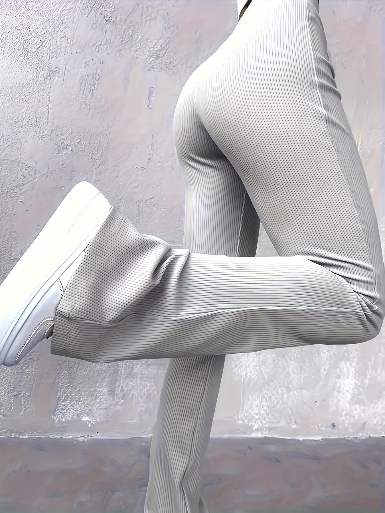 Solid Ribbed Flare Leg Pants Casual High Waist Slim Elastic - Temu