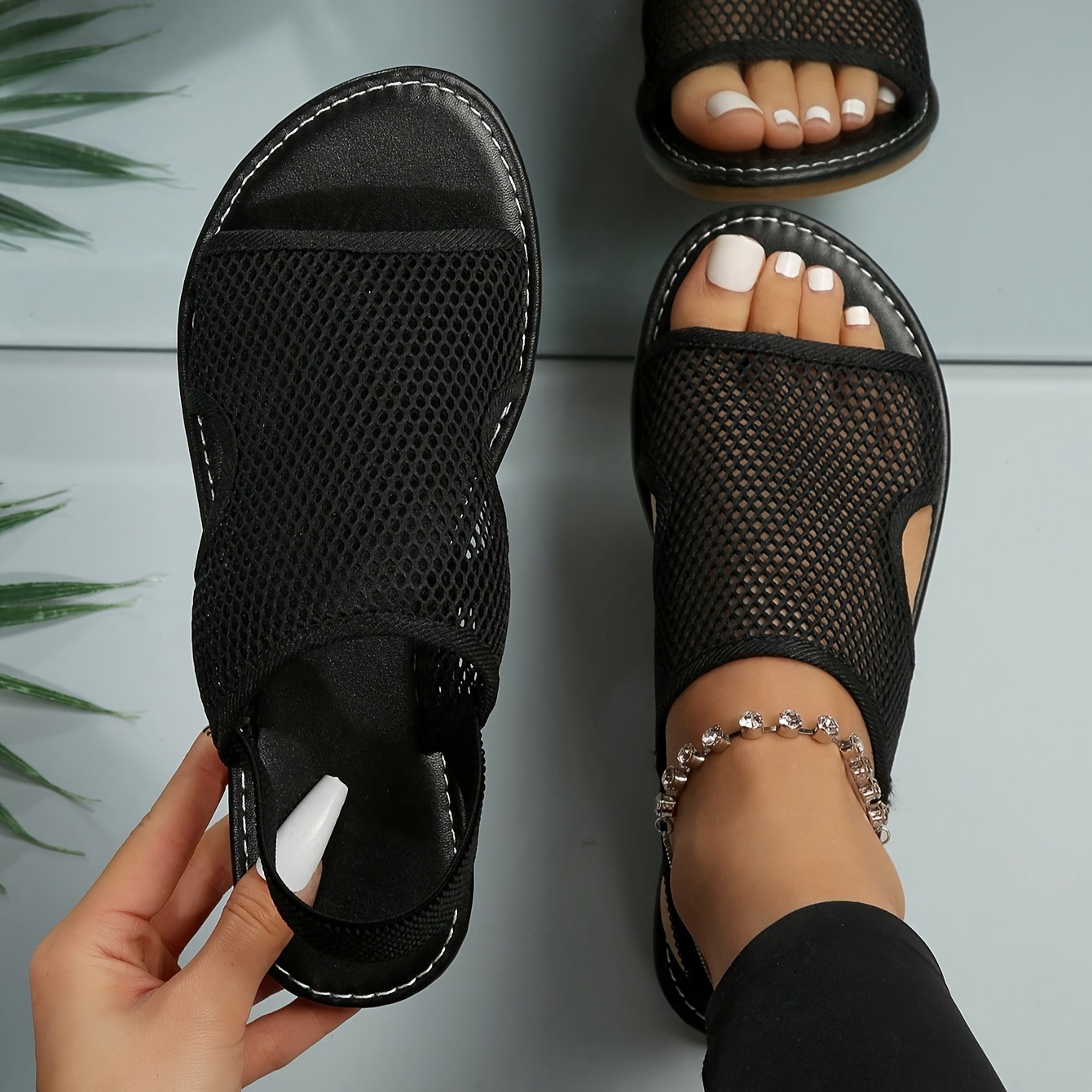 

Women's Mesh Flat Sandals, Lightweight Hollow Out Peep Toe Slip On Shoes, Casual Outdoor Summer Sandals