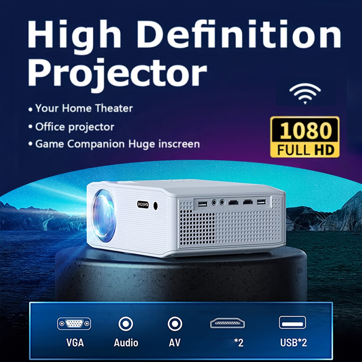 Projecteur WiFi Bluetooth, WiFi connection, 450 ANSI Lumens, Native 1080P,  Dual Bluetooth, compatible avec haut-parleur bluetooth, smart phone