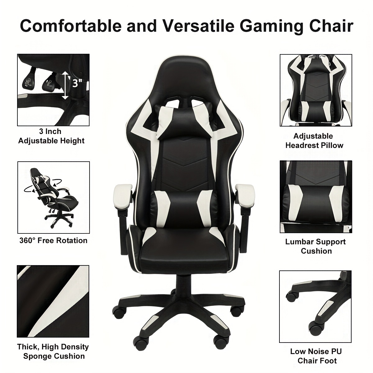 1 pc Gaming Chair Office Chair, Reclining High Back PU Leather Computer Desk Chair with Headrest and Lumbar Support,Ergonomic Racing Chair,Adjustable Swivel Rolling Video Game Chairs for Office,white details 6