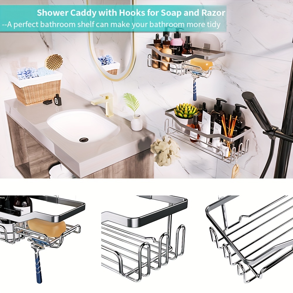 Bathroom Shower Rack With 11 Hooks For Sponge And Razor, Adhesive Shower  Caddy, Stainless Steel Shampoo Storage Shelf, Non Perforated Shower  Organizer - Temu