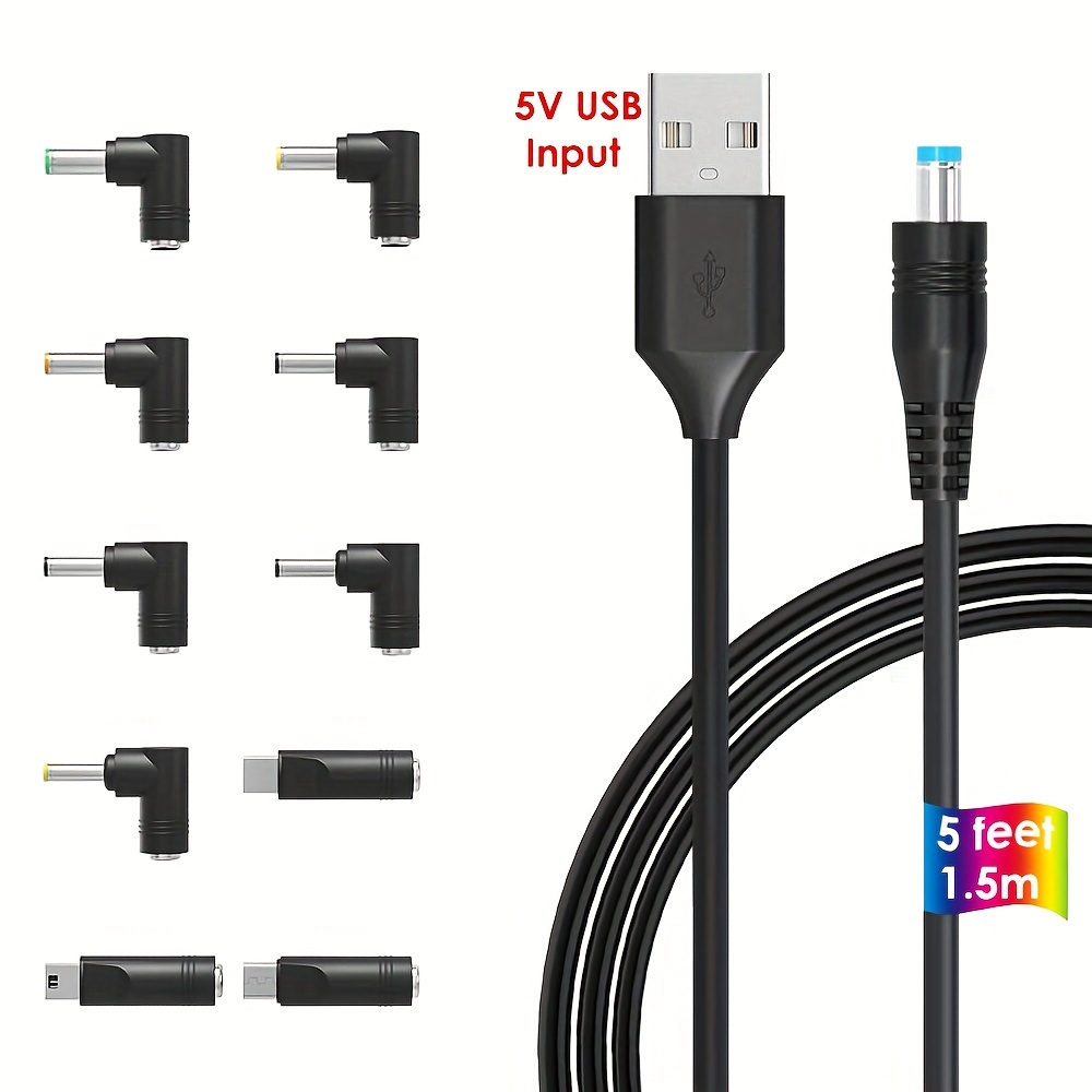 Youmile 5V Universal USB zu DC Stromkabel 5.5x2.1mm Stecker mit 12PCS  Anschluss(5.5x2.5, 4.8x1.7, 4.0x1.7, 4.0x1.35, 3.5x1.35, 3.0x1.1, 2.5x0.7