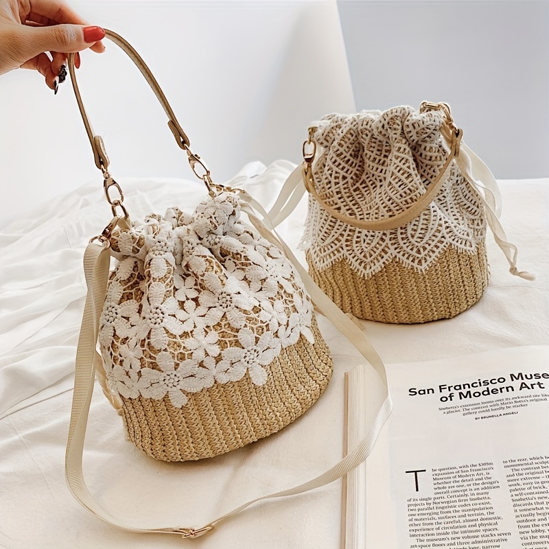 

Flower Decor Straw Woven Bucket Crossbody Bag, Drawstring Satchel Shoulder Tote Bag, Fashion Summer Beach Bag