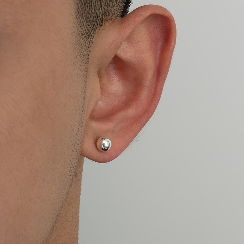 Silver Small Round Bead Stud Earrings for Men