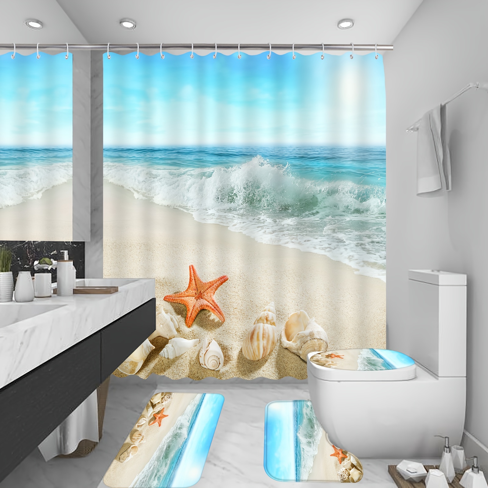 Juegos de baño 4 pc con accesorios para cortinas ducha y alfombras Sea  shell