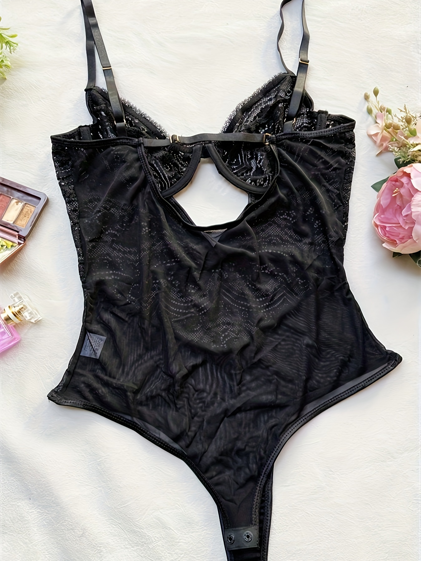Black Lingerie Suit Women Floral Lace Teddy Lingerie Bodysuit Plus