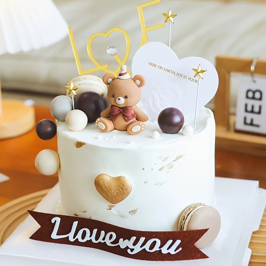 3D Bear Cake Toppers Baby Shower Little Bear Figurine Brown Bear Cake Decor  with 24 Pcs Colorful Balloons Balls Cake Toppers, Baby Cake Kit for