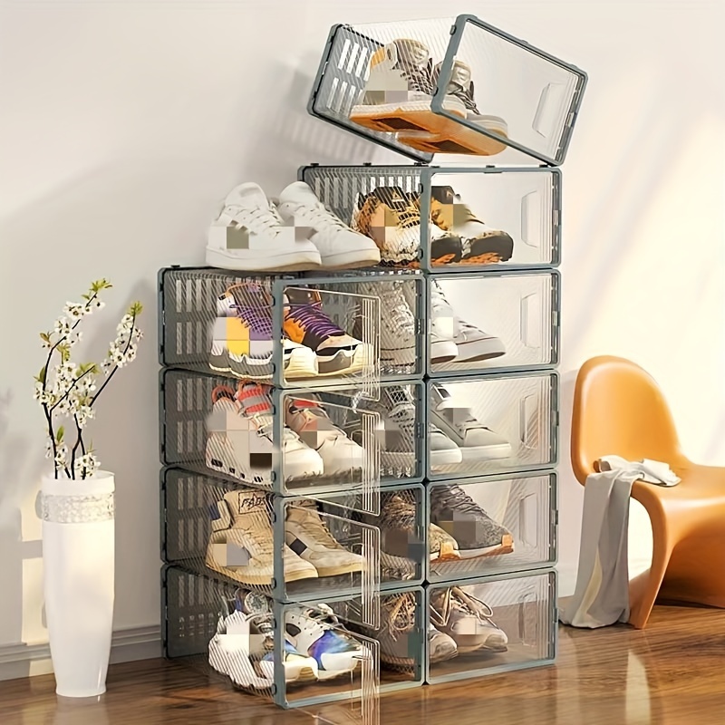 Stackable Shoe Cabinet Transparent Doors Shoe Storage Organizer Folding Shoe  Box