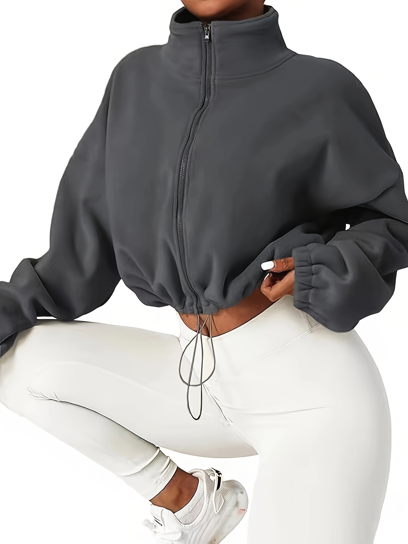 Women's Casual Long Sleeve Stand Collar Zipper Crop - Temu