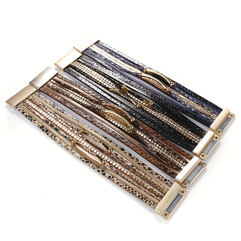 Snakeskin Pattern Leather Bracelet Multilayer Wrap Magnetic Clasp