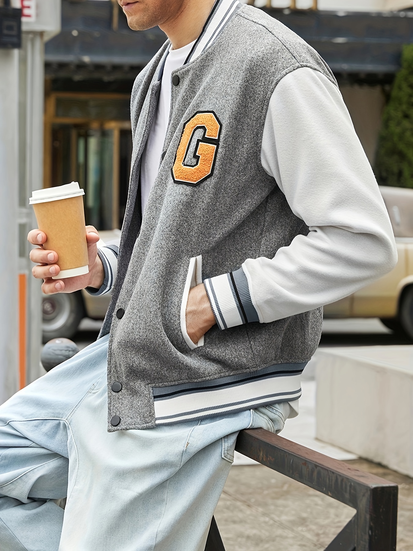Letter Embroidery Varsity Jacket Men's Casual Color Block - Temu