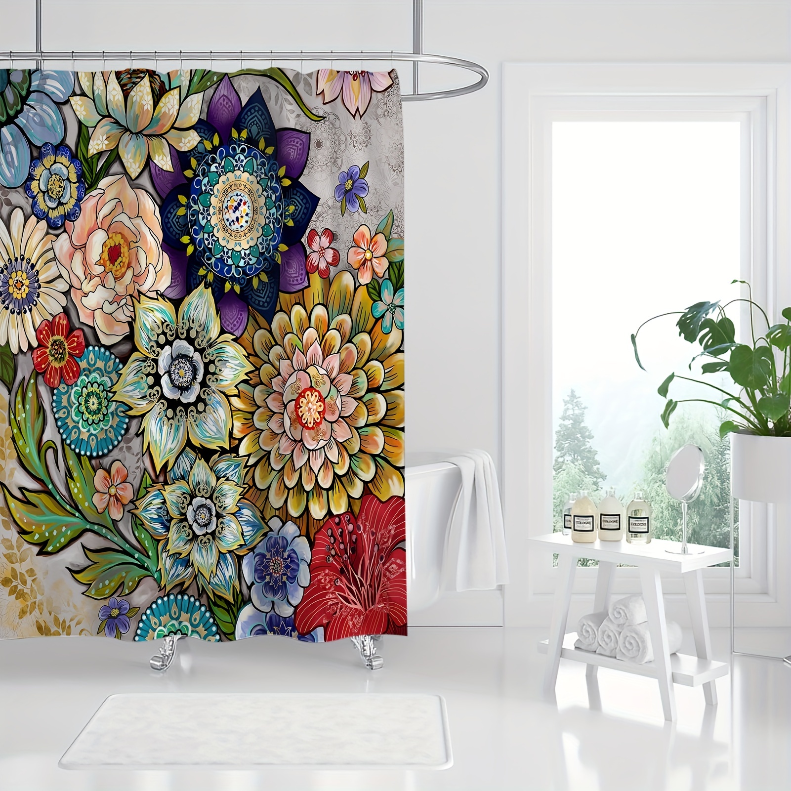 Colorful Floral Shower Curtain with 12 Hooks