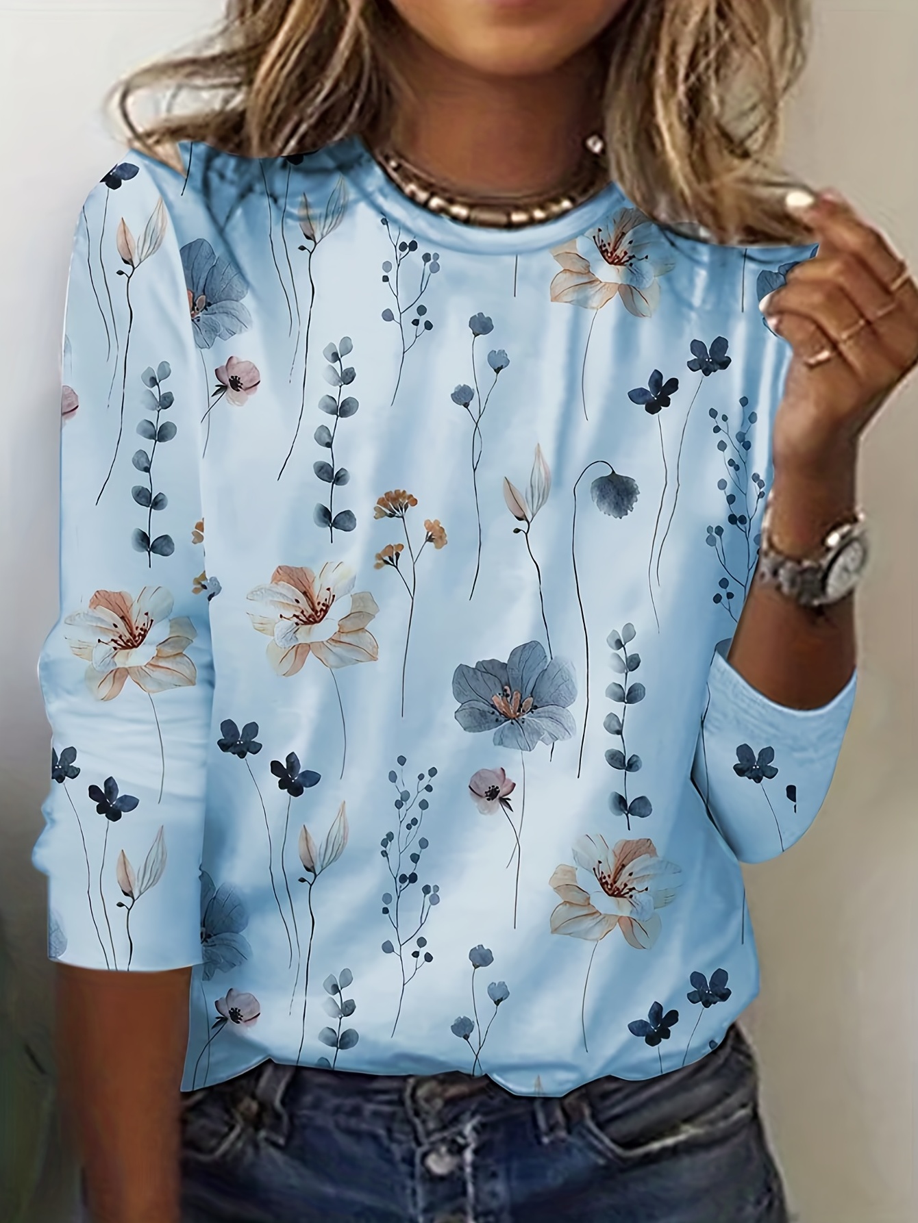 floral print crew neck t shirt casual long sleeve t shirt for spring fall womens clothing sky blue 0