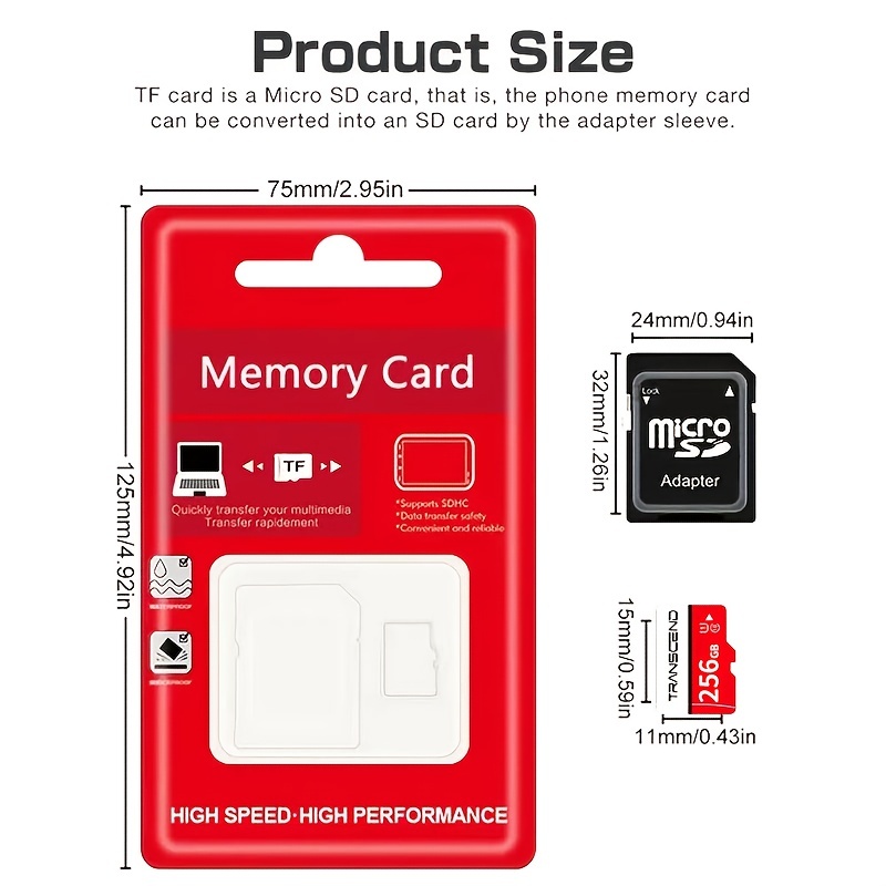 Carte Micro SD 128/256 GB, Carte mémoire UHS-I, Carte TF Classe 10 -  Jusqu'à 104 MB/s, A1, Stockage étendu pour caméra de surveillance & sécurité