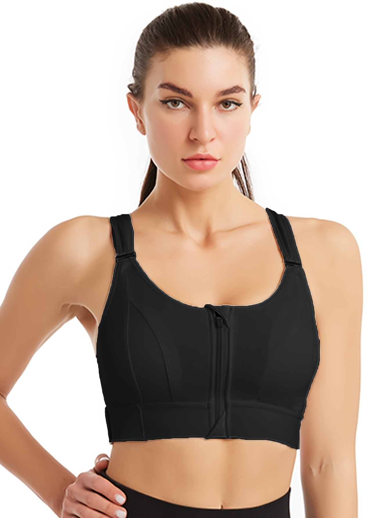 Adjustable Straps Compression Sports Bra, Black Stretchy Yoga Fitness  Cropped Tank Top, Women's Activewear