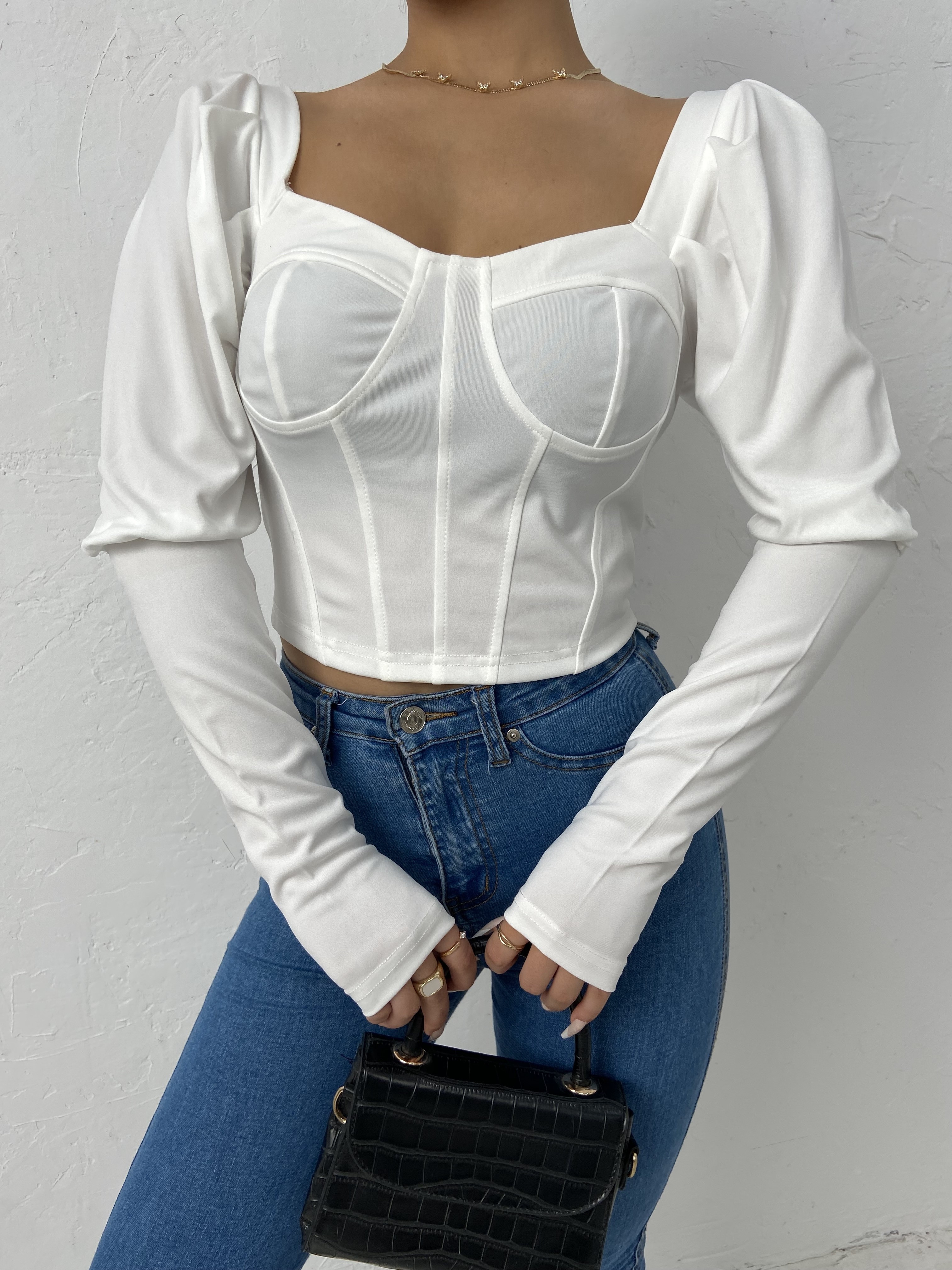 White Collared Long Sleeve Corset Top