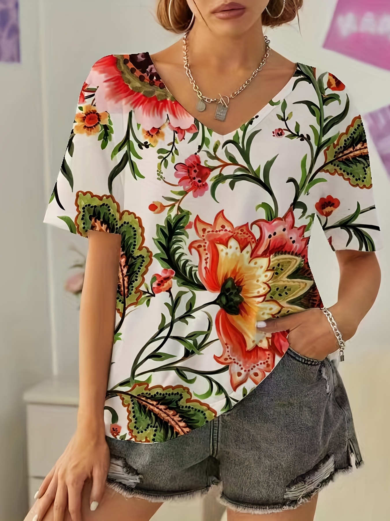 Floral Print Crew Neck T shirt Casual Short Sleeve T shirt - Temu