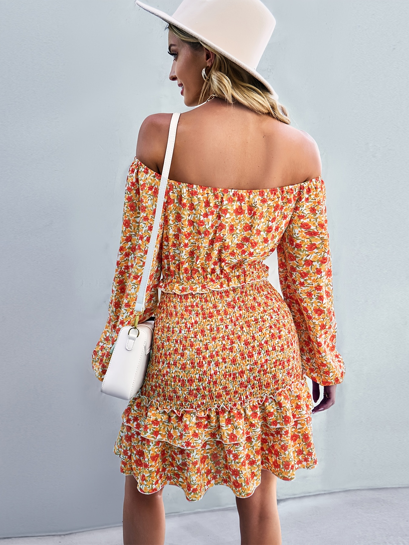 Sexy orange red off shoulder floral 2025 print bodycon dress