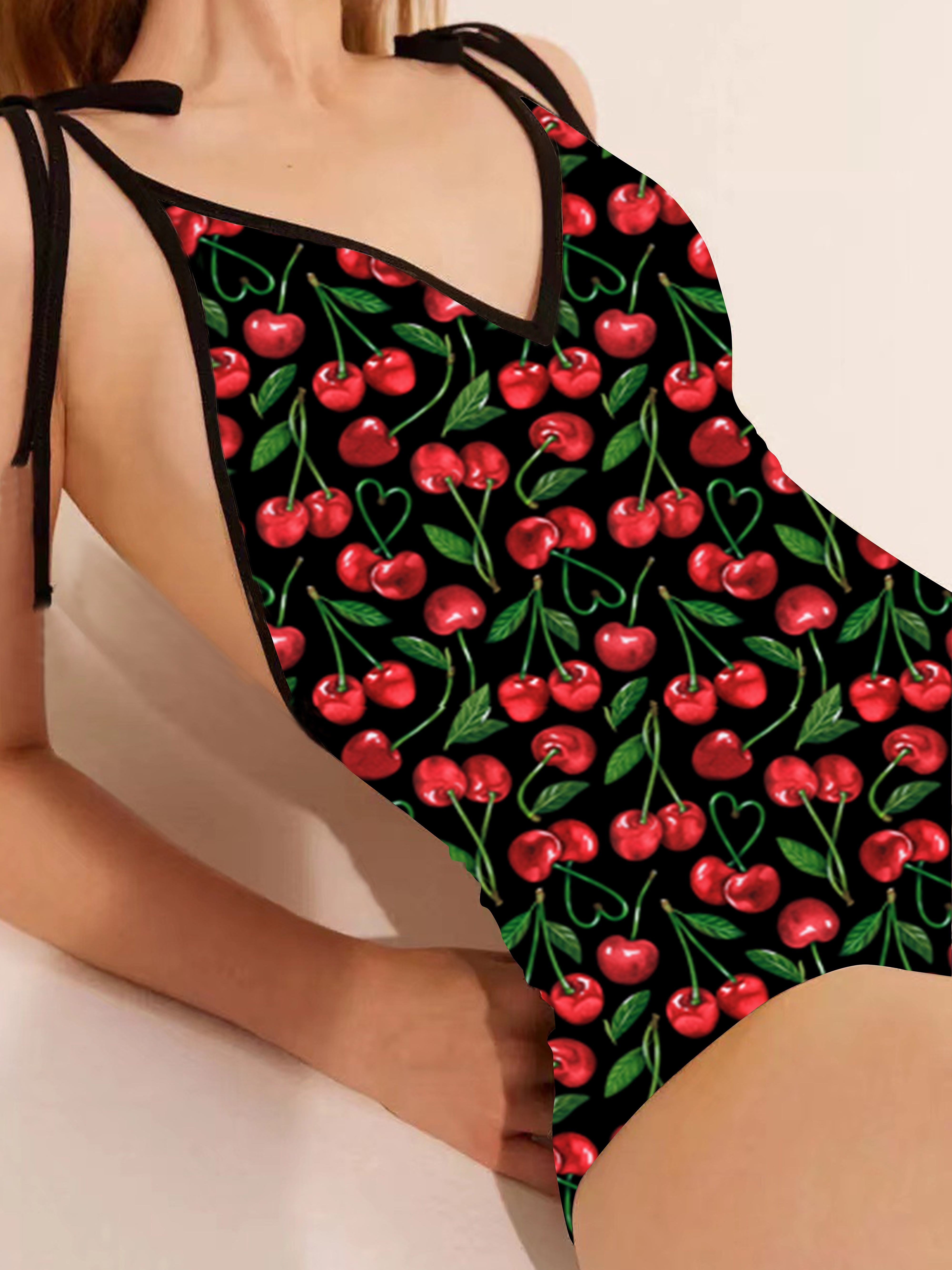 Cherry Print Swimsuit Bow Tie Shoulder Straps - Temu