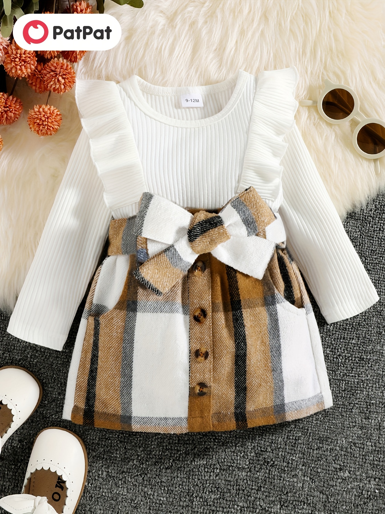 2pcs Baby Girl Solid Rib Knit Ruffle Collar Long-sleeve Romper and Allover Floral Print Skirt Set
