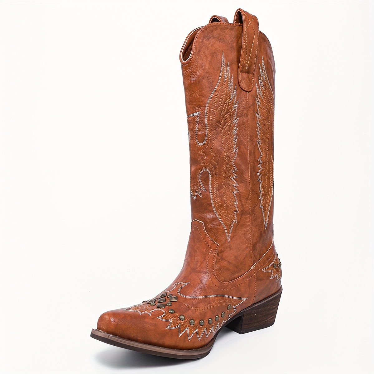 

Women's Studded Western Cowboy Boots, Retro V-cut Pull On Chunky Heeled Boots, All-match Mid Calf Boots