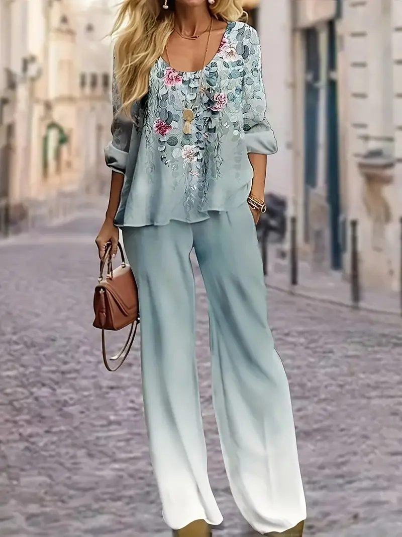 Plus Size Casual Outfits Set, Women's Plus Floral Print Long Sleeve Round  Neck Top & Wide Leg Pants Outfits Two Piece Set
