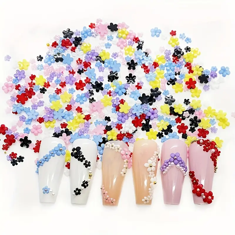 WEILUSI Mixed 3D Flower Nail Charms and Metal Caviar Beads- Acrylic Resin  Flowers Nail Design Gold Silver Nail Ball Beads for DIY Decoration Nail