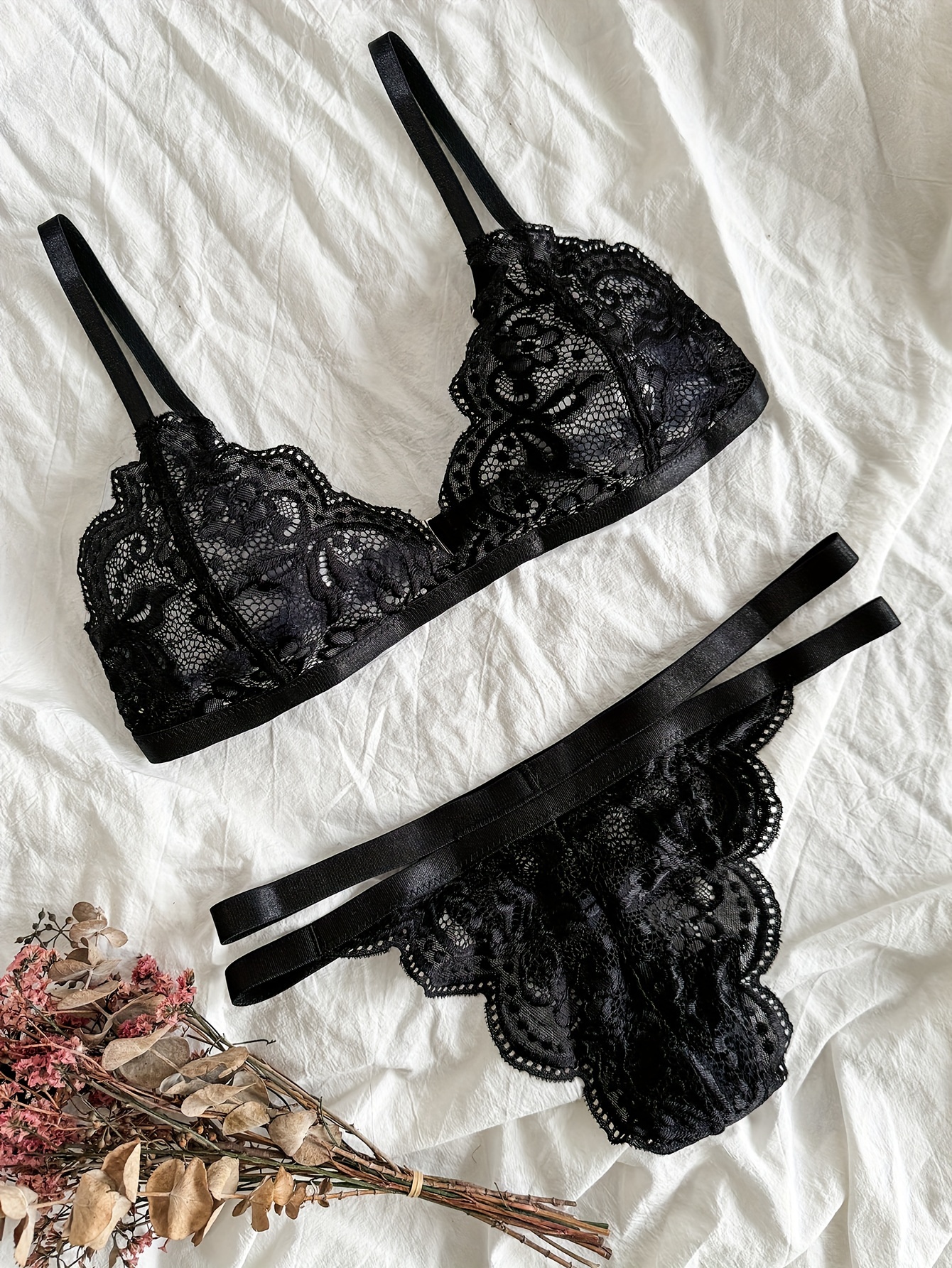 Valentine's Day Floral Lace Triangle Bralette Bra Thong - Temu