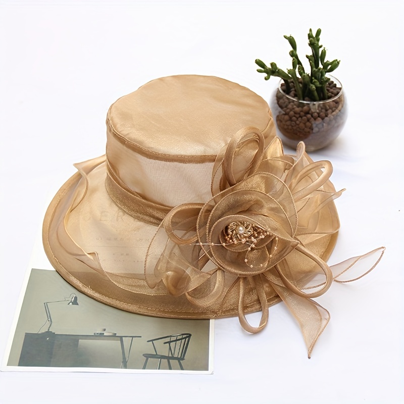Temu Flower Decor Organza Derby Hat Wide Brim Breathable Sun Hat, Bucket Hats Elegant Church Hat Wedding Bridal Bucket Hat, Fashionable Mesh Fascinator