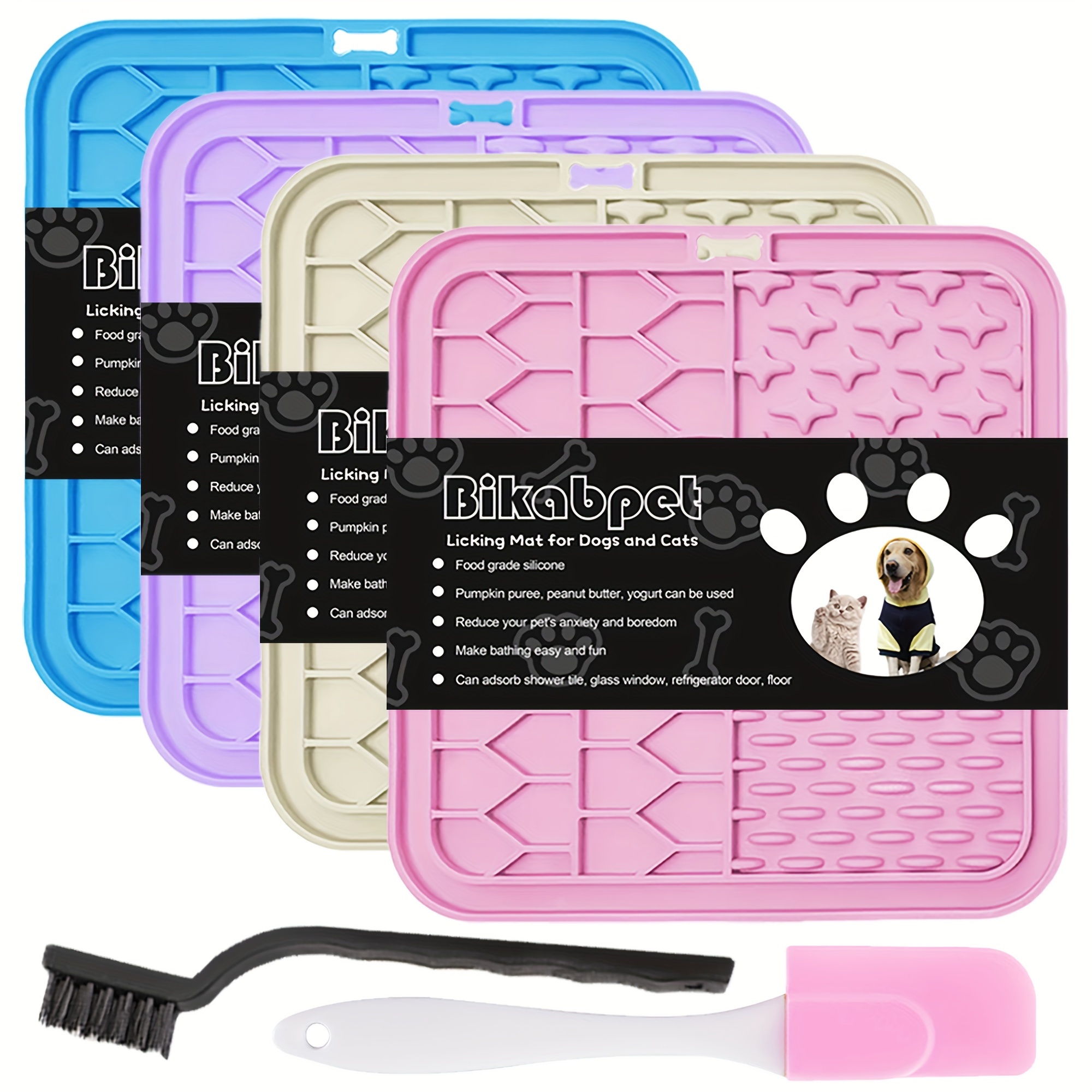 

4pcs Pet Dog Licking Mats, Silicone Dog Slow Food Plate Mat Anti-choking Feeder With Feeding Scraper And Washing Brush, Perfect For Bathing Grooming Distraction