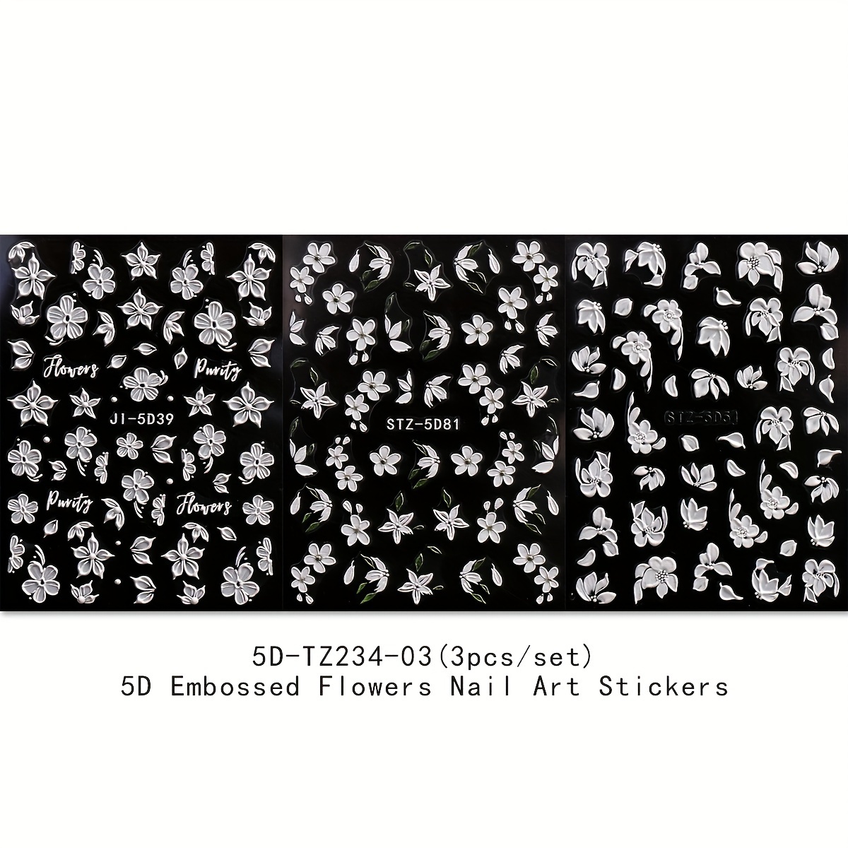 3pcs 5d Spring Embossed Small Flowers Nail Sticker Decals 5d Self-adhesive Pegatinas Uñas Spring Small White Flowers Nail Supplies Nail Accessories