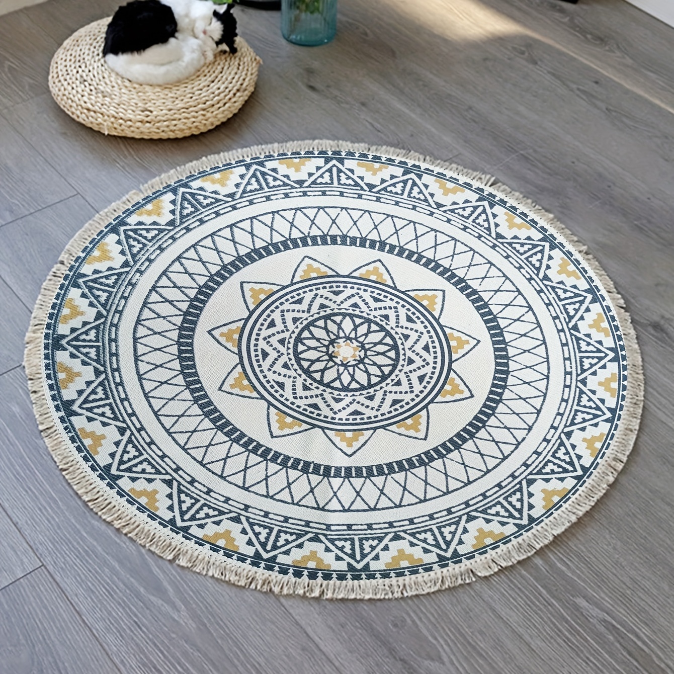 Boho Round Area Rug Vintage Non Slip Throw Floor Mat Handwoven Tassel