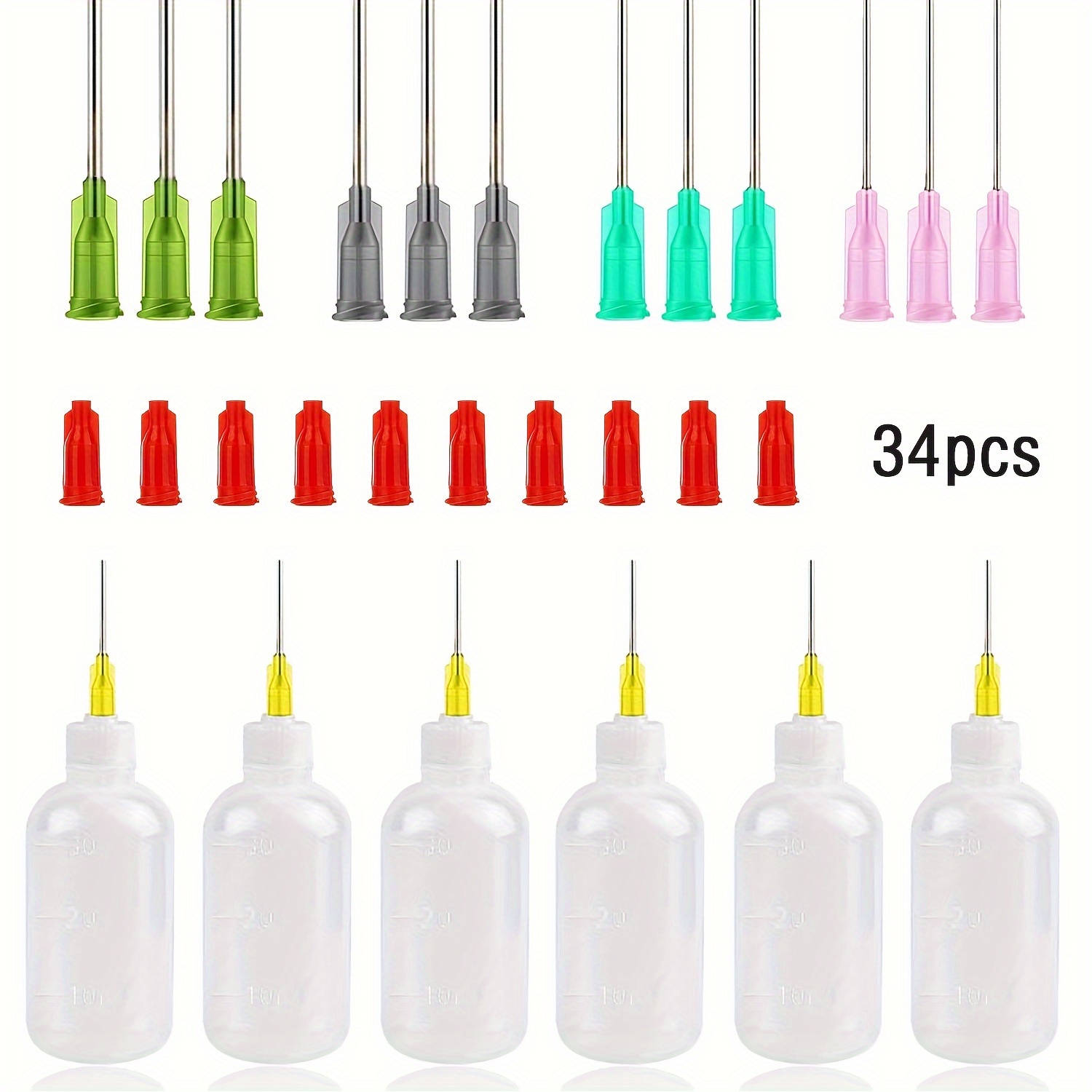 Image of Set Of 34 Glue Applicator Bottles, Each 30ml, Made Of Squeezable Plastic With Blunt Needle Tips In Sizes 14ga, 16ga, 18ga, And 20ga, Suitable For Glue, Paint, Quilling Crafts, And Oil Applications