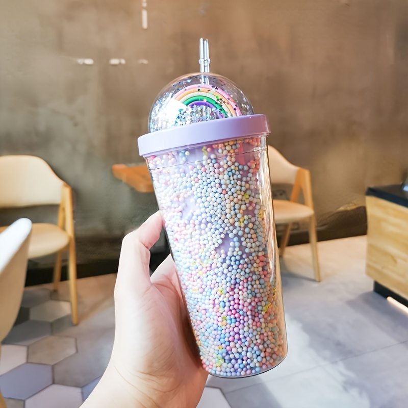 1pc Creative Rainbow Plastic Drinking Cup With Straw, Large Capacity Forest  Style Double-layered Bead Beverage Cup