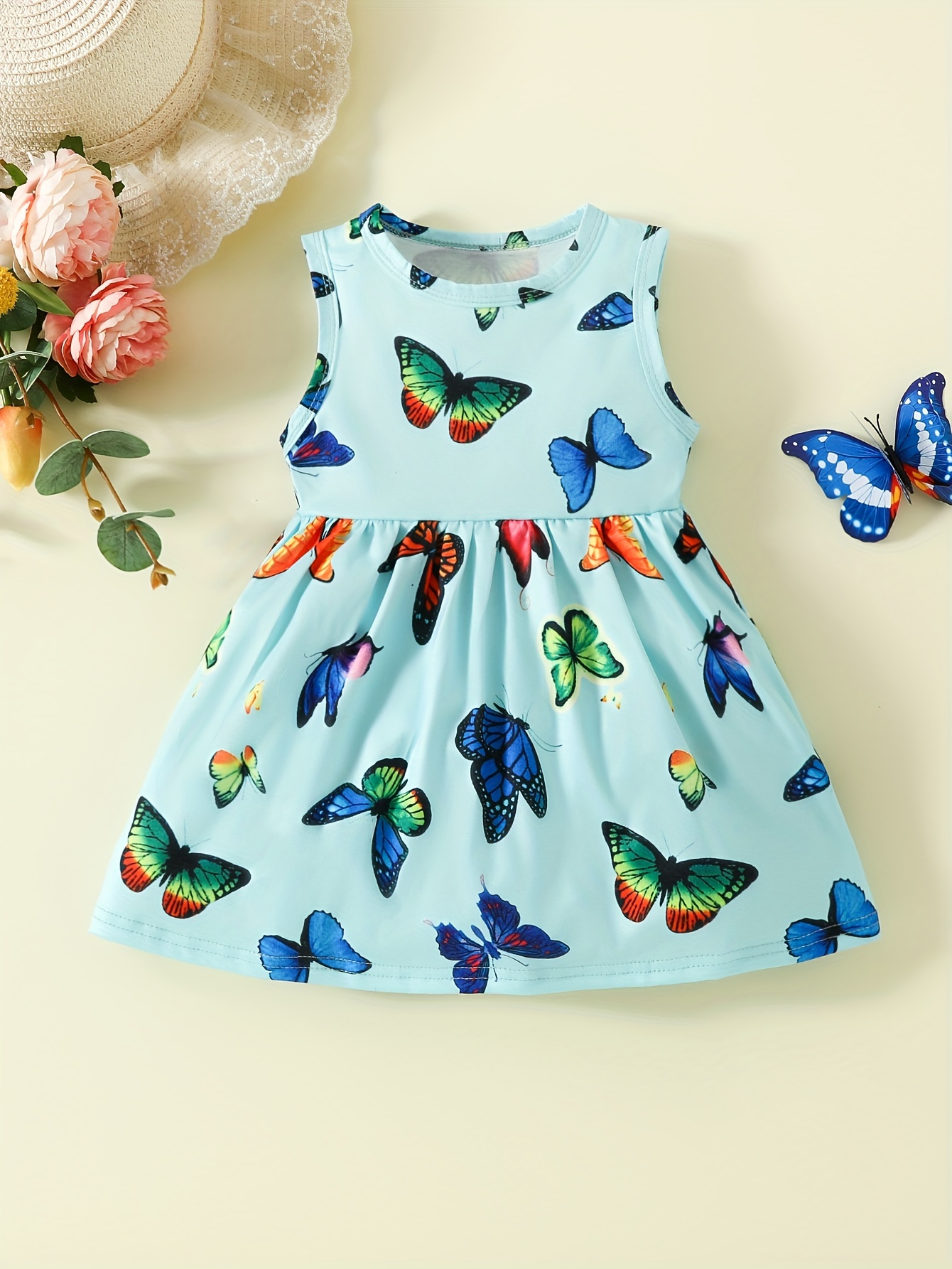 Girls Cute Butterfly Print Sleeveless Round Neck Dress - Temu Canada