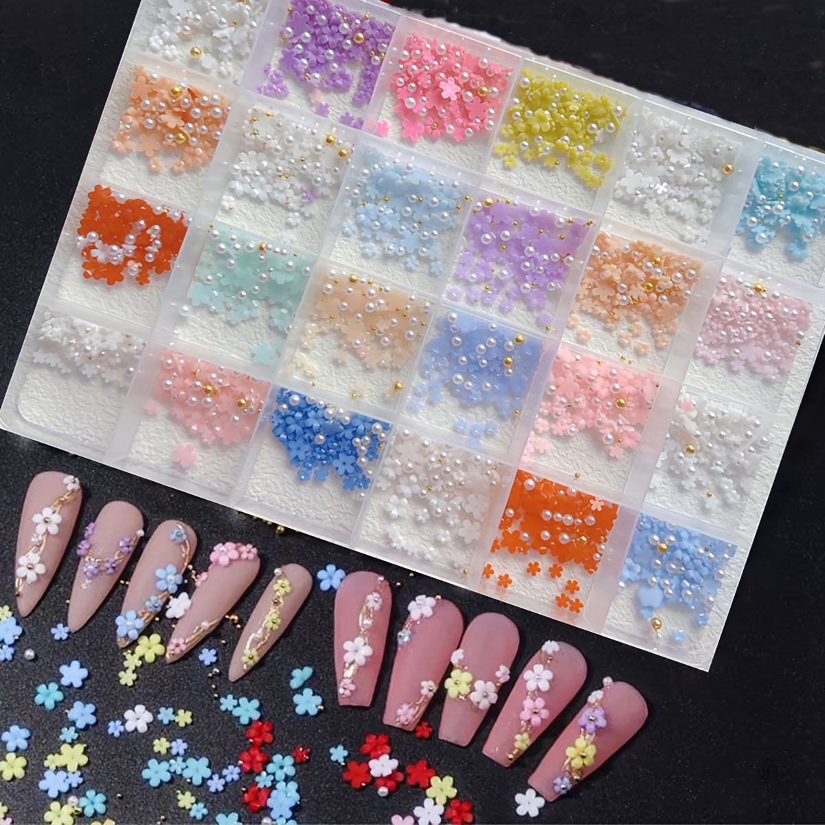 

24 Grids, 5 Petal Flower Nail Art Charms With Metal Bead And Pearls, Resin Colorful Flower Nail Art Accessories Easter