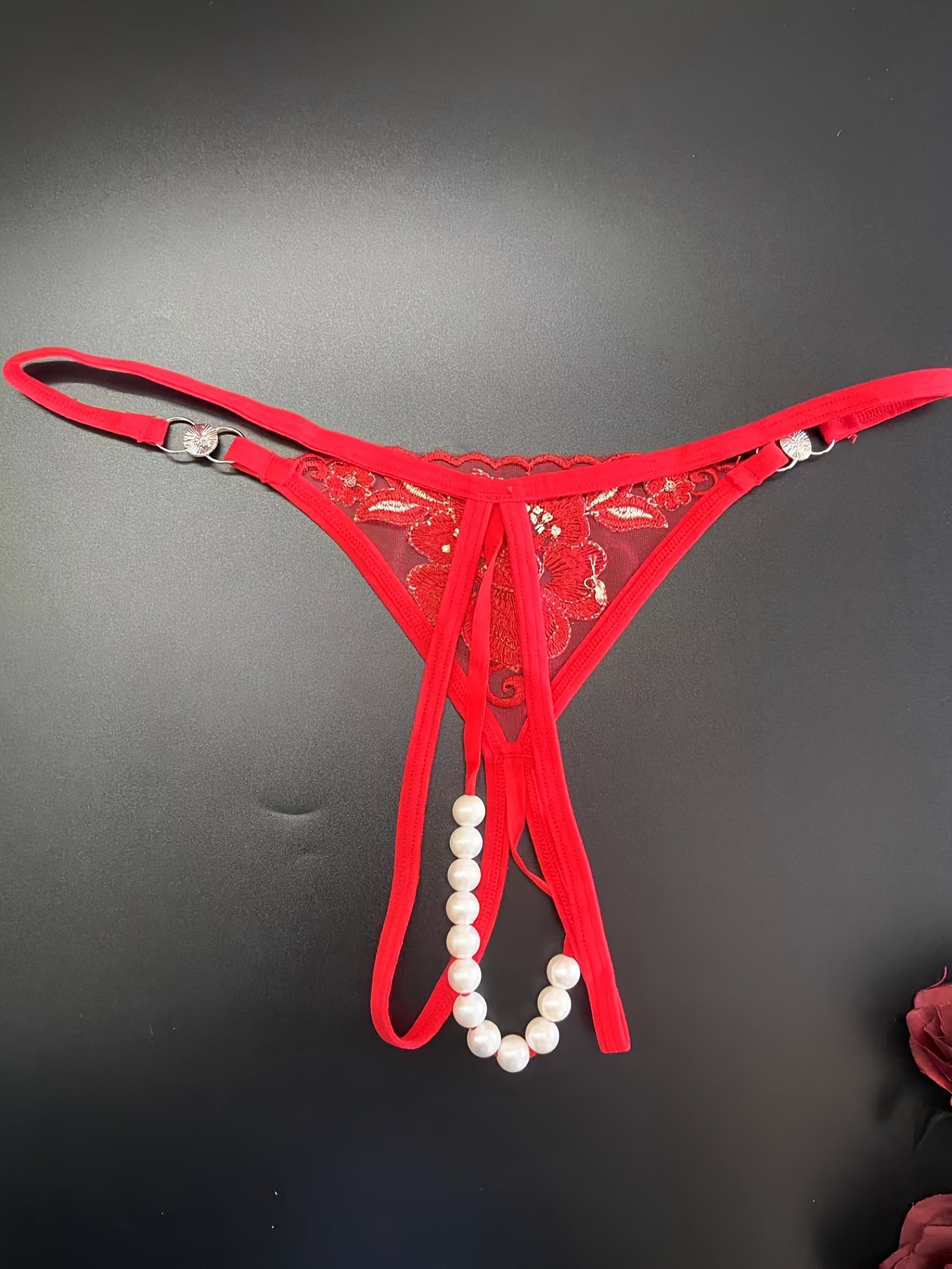 Floral Embroidery Thongs Sheer Open Crotch Faux Pearl - Temu