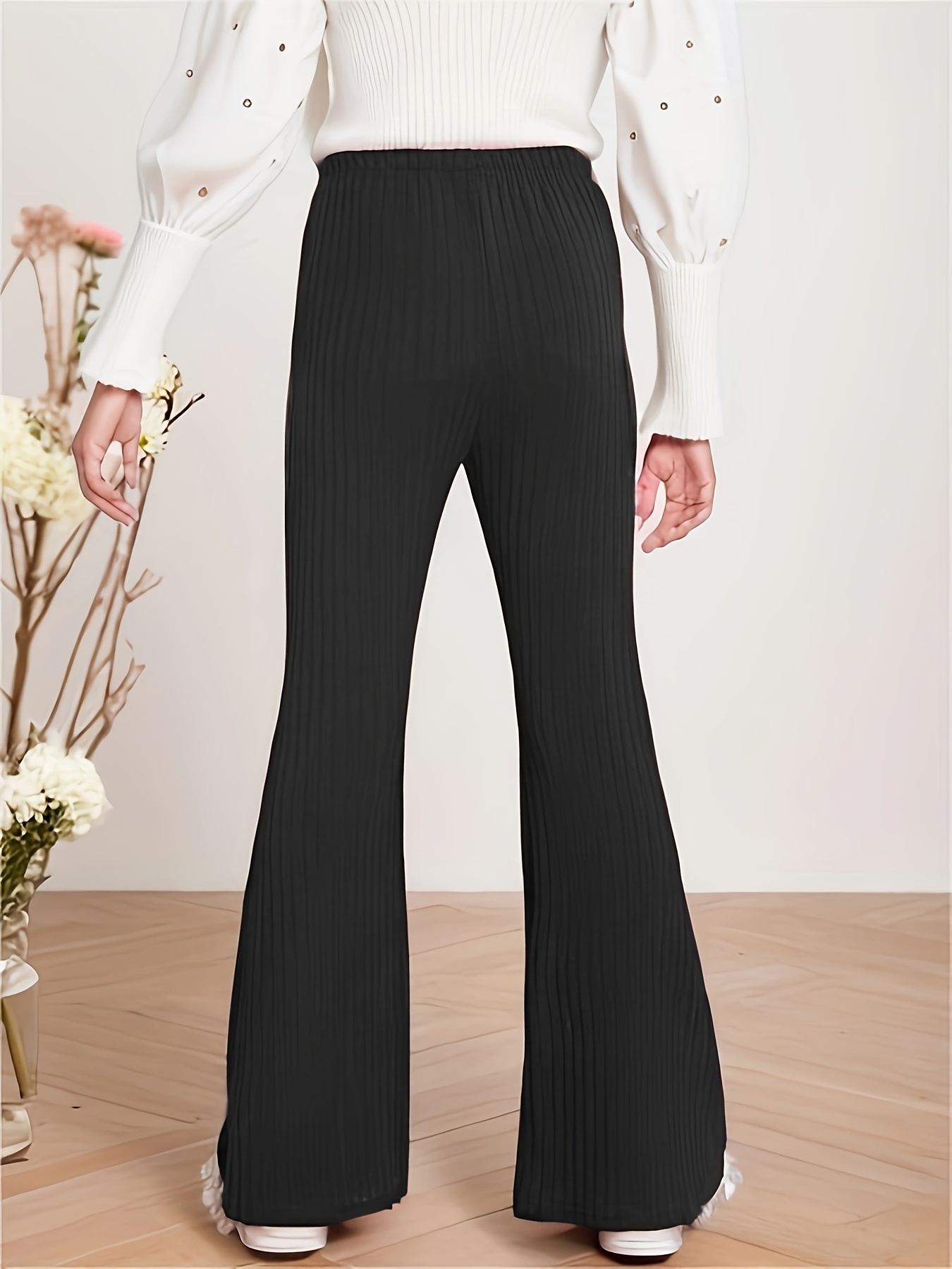 Girls Black Ribbed Flare Trousers
