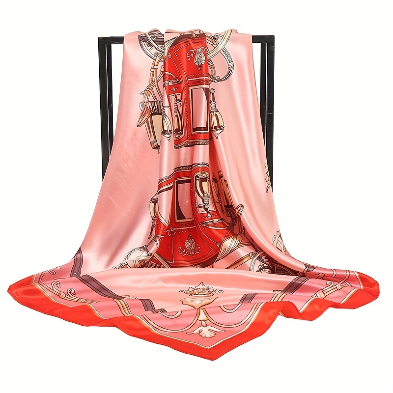 Classic Carriage Print Scarf Silk Square Shawl Casual Head Wrap