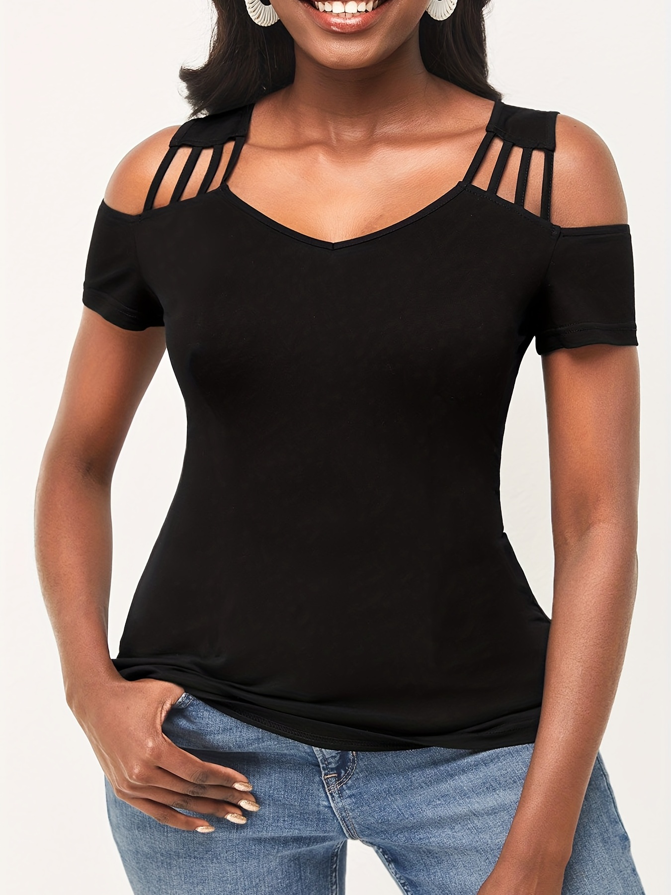 JWZUY Womens Summer V Neck Cold Shoulder Tops T Shirts Cut out Lace Short  Sleeve Solid Color Blouses Shirt Solid Elegant Tees Tops Black M 