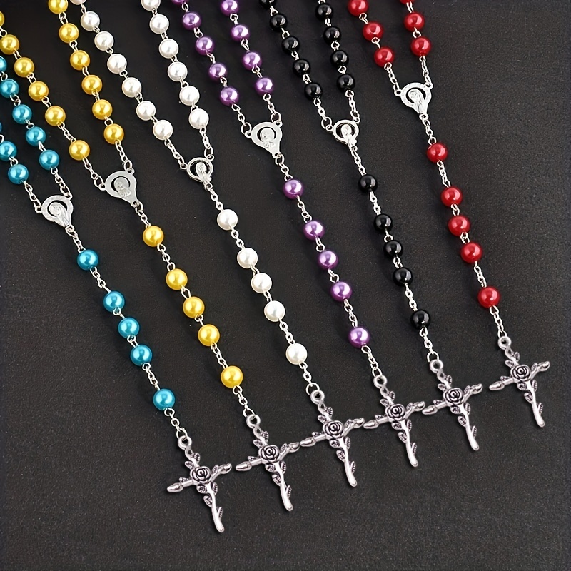 

Multicolor Rosary Cross Pendant Necklace Christian Religious Necklace Sweater Chain Christmas Easter Holiday Gift