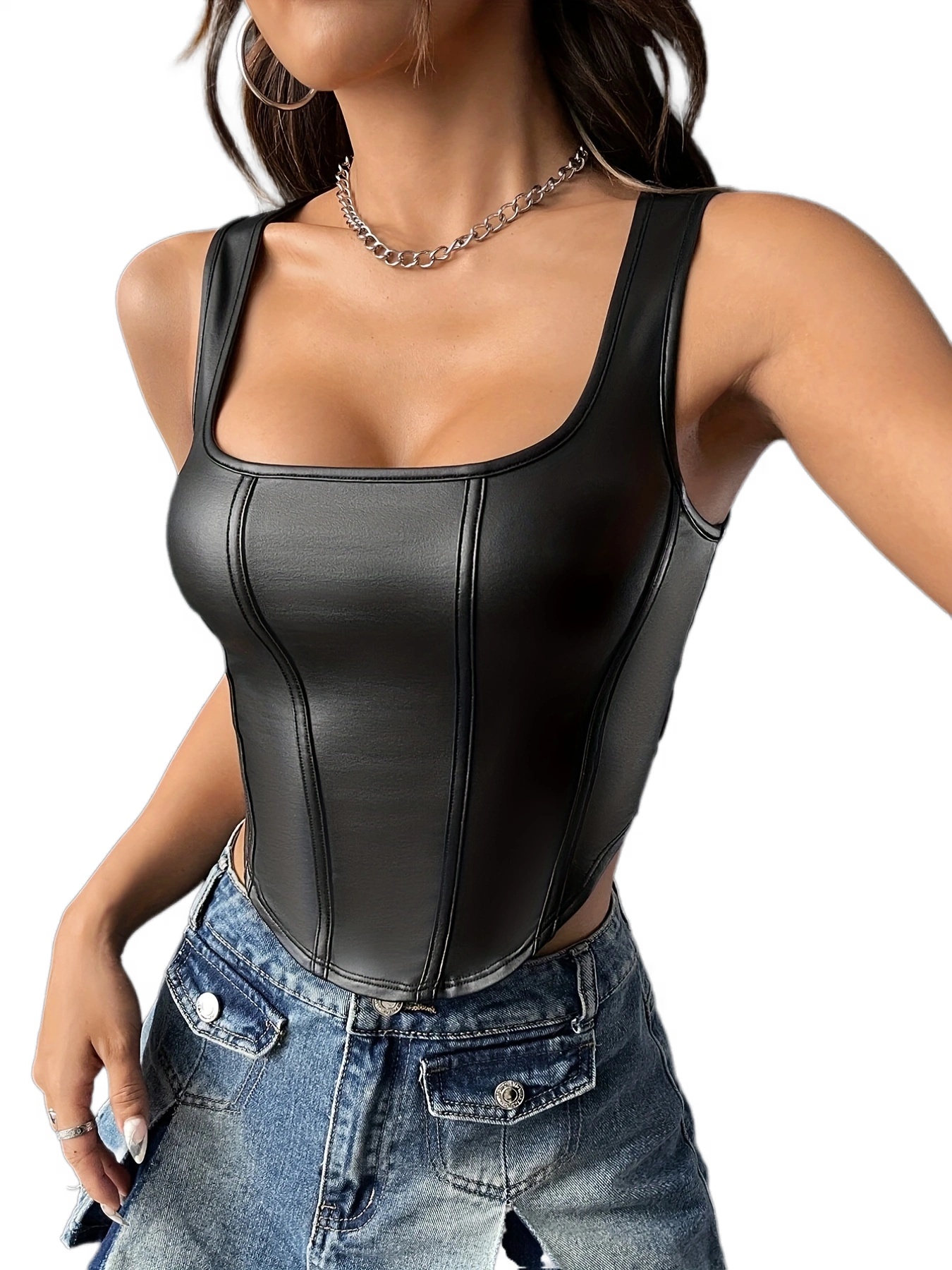  Women Y2K Faux Leather Corset Sexy Spaghetti Strap PU Overbust  Bustiers Exotic Halter Boned Crop Top Streetwear (A-Black, S): Clothing,  Shoes & Jewelry