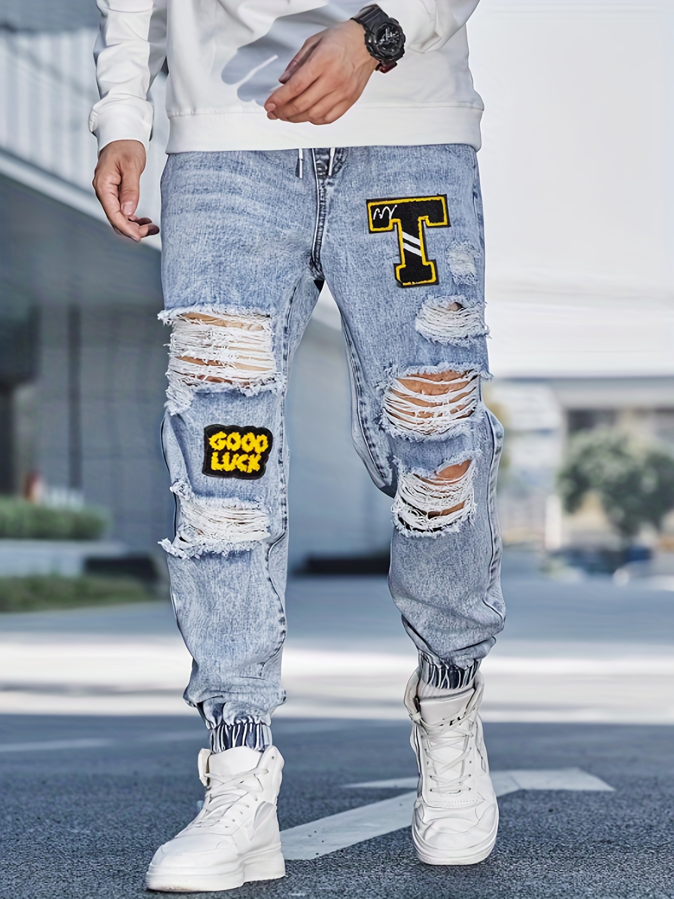 Loose Fit Ripped Jeans, Men's Casual Street Tapered Denim Pants For All - Temu