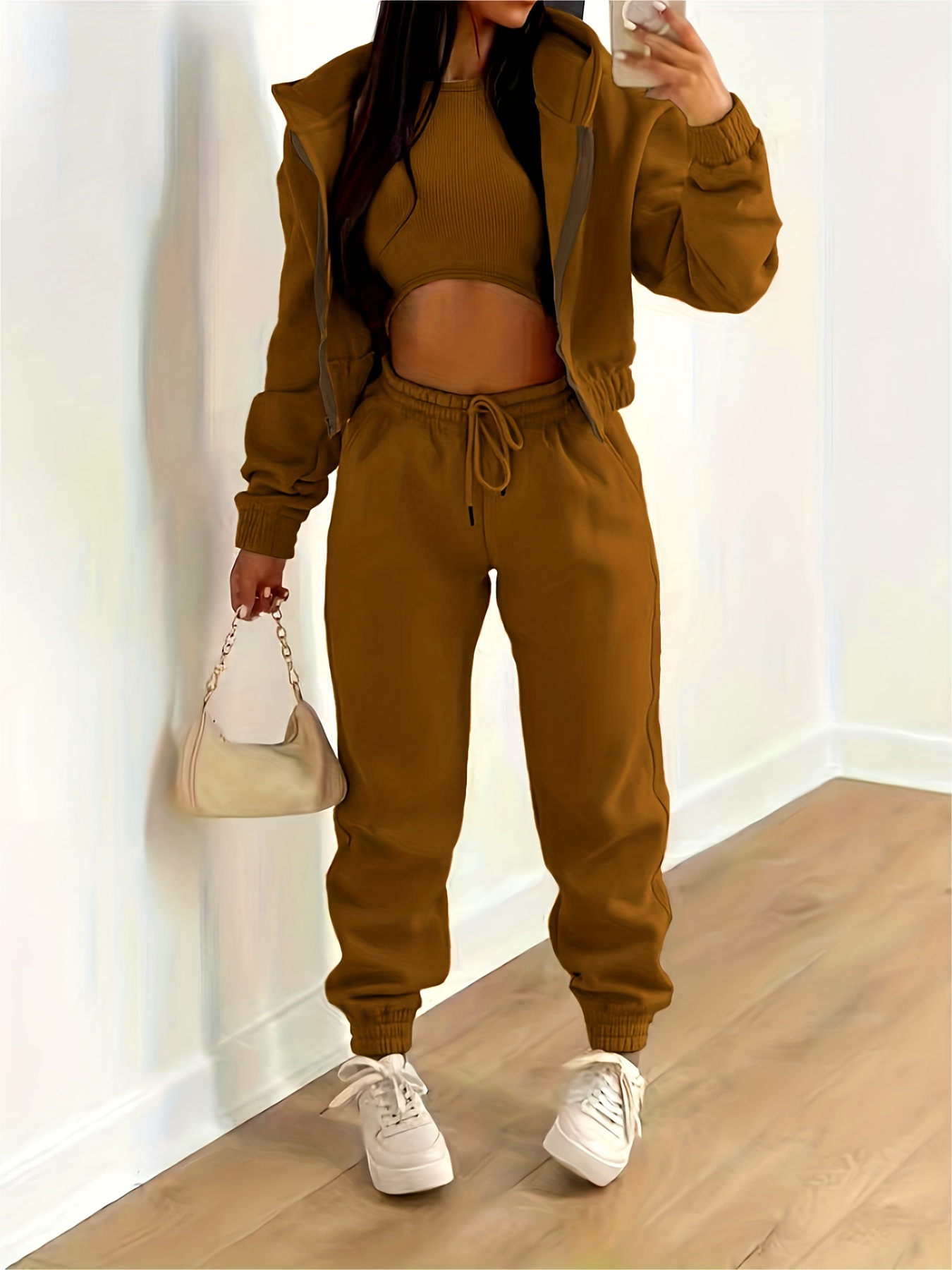 Casual 3pc Set Hooded Jacket, Tank Top, Jogger Pants
