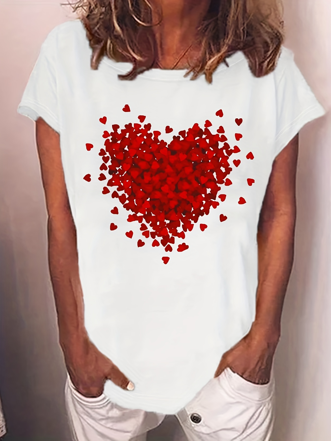 Heart Print Crew Neck T shirt Casual Short Sleeve T shirt - Temu