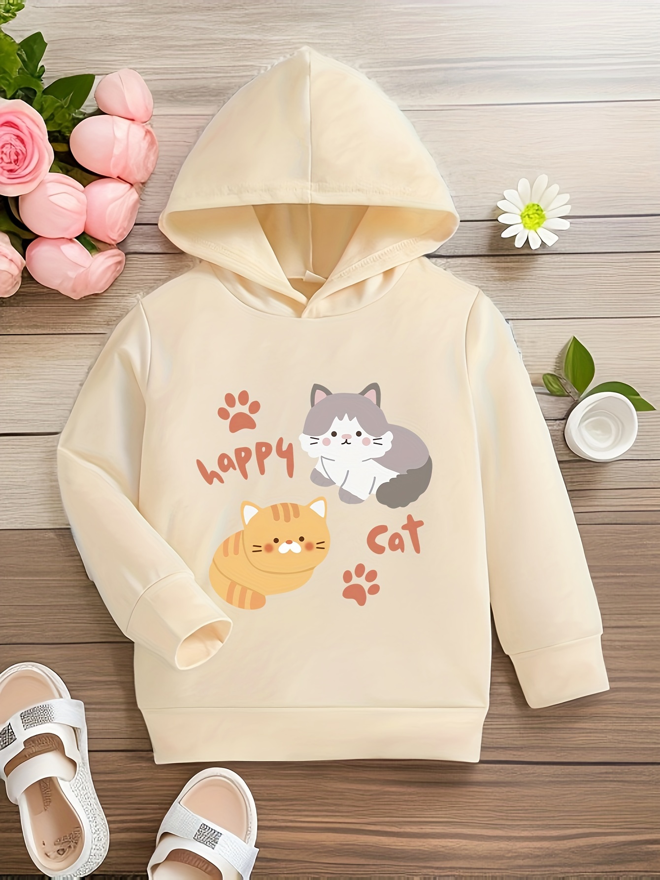 Kid Girl Cute Cat Floral Print Hoodie Sweatshirt